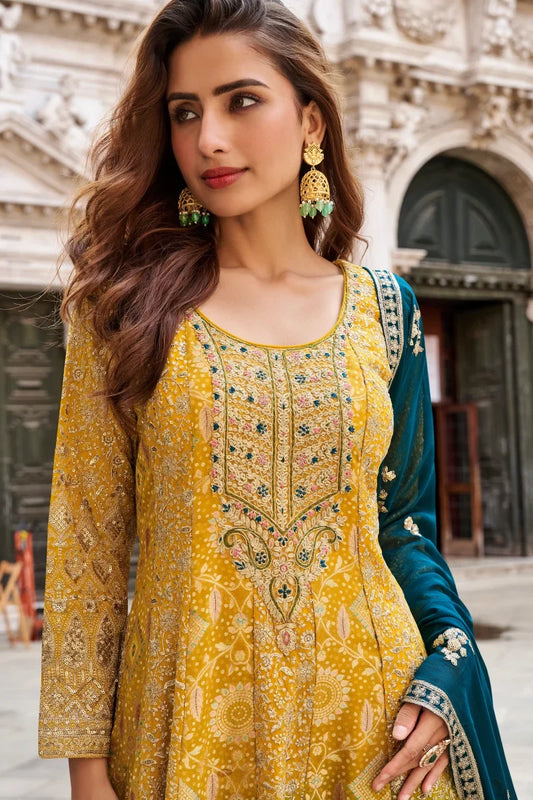 Yellow & Green Ombre Georgette Embroidered Palazzo Suit