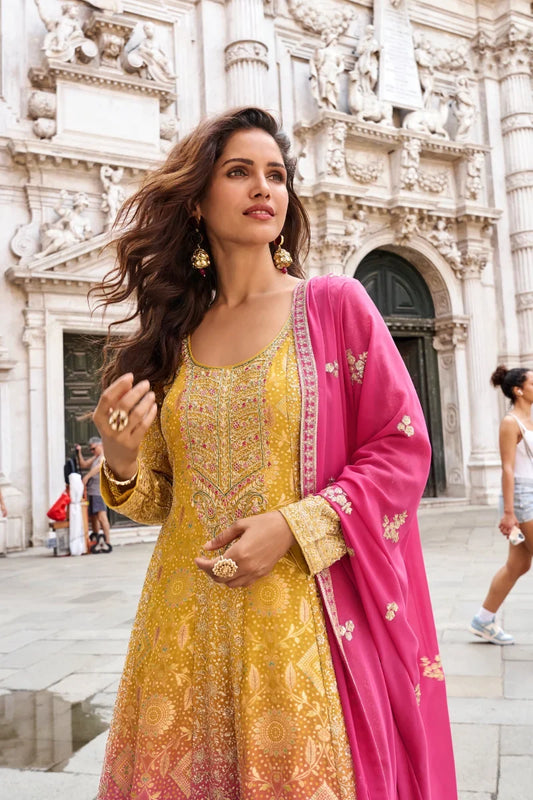 Yellow & Pink Ombre Georgette Embroidered Palazzo Suit
