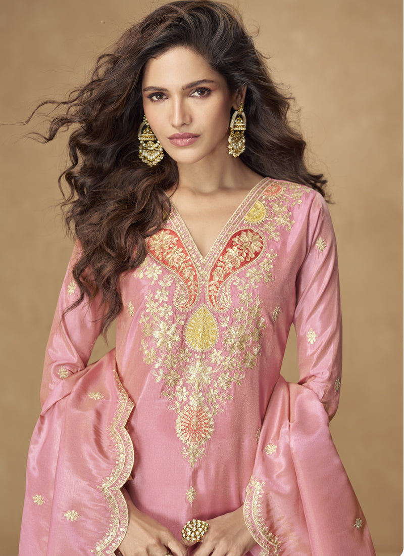 Light Pink Shimmer Silk Embroidered Designer Plazzo Suit
