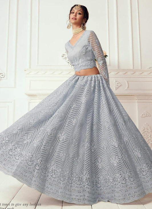 Light Grey Net Embroidered Wedding Lehenga