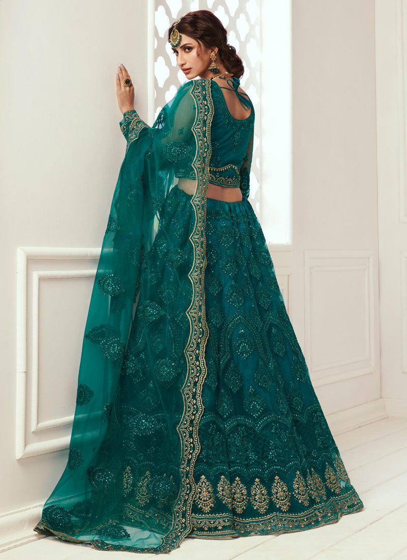 Teal Green Net Embroidered Wedding Lehenga