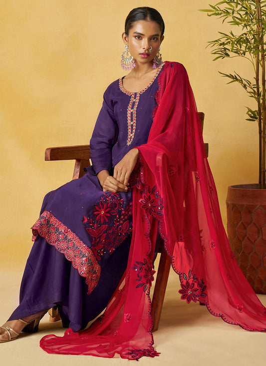 Violet Organza Embroidered And Handwork Palazzo Suit