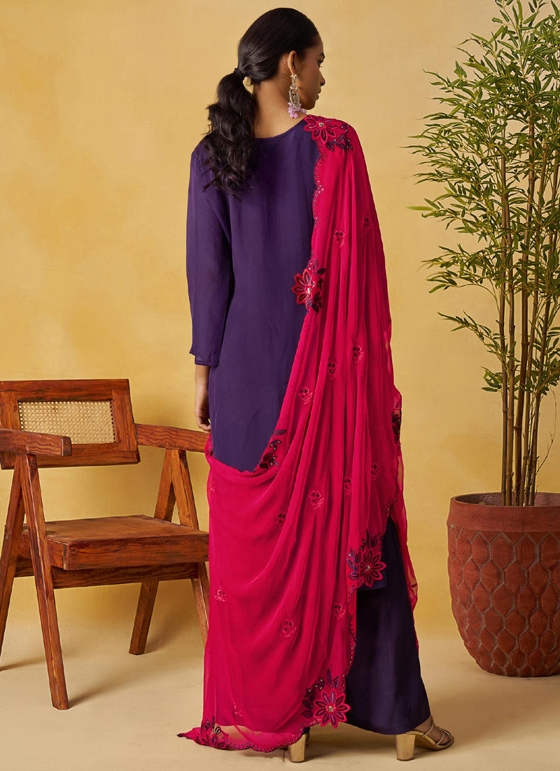 Violet Organza Embroidered And Handwork Palazzo Suit
