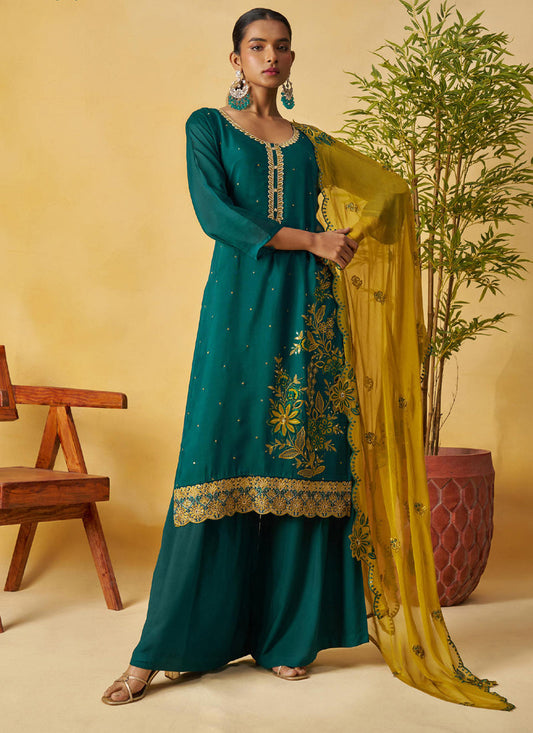 Aqua Green Organza Embroidered And Handwork Palazzo Suit