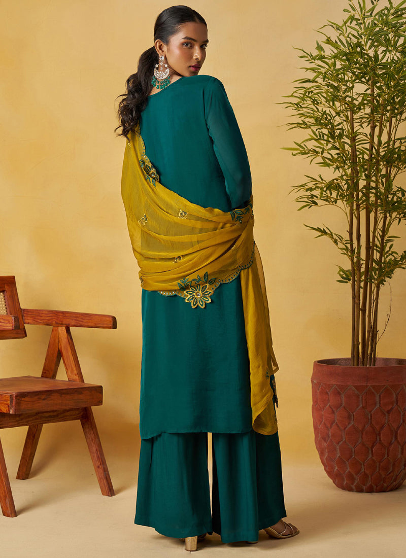 Aqua Green Organza Embroidered And Handwork Palazzo Suit