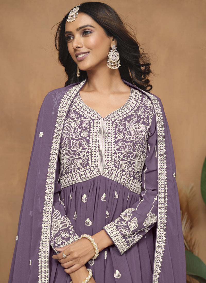 Purple Georgette Embroidered Sharara Suit