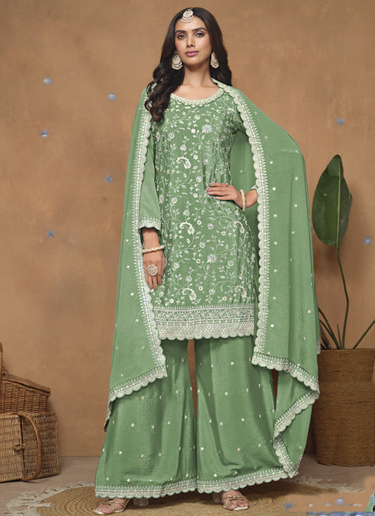 Light Green Chinon Silk Embroidered Palazzo Suit