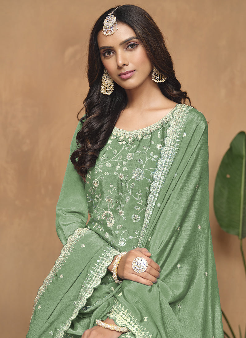 Light Green Chinon Silk Embroidered Palazzo Suit