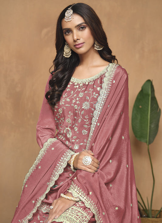 Peach Chinon Silk Embroidered Palazzo Suit