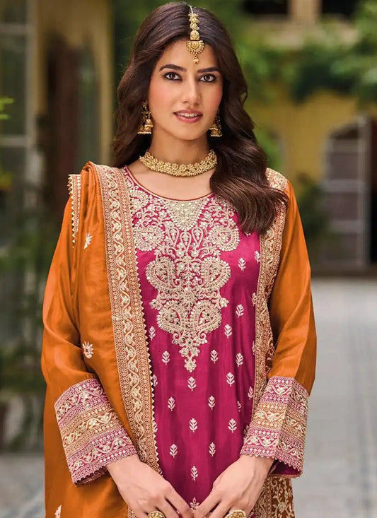 Pink Chinon Silk Embroidered Designer Palazzo Suit