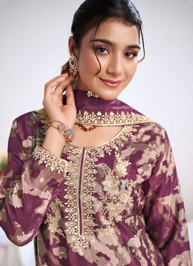 Light-Purple Embroidery Chinon Silk Salwar Suit