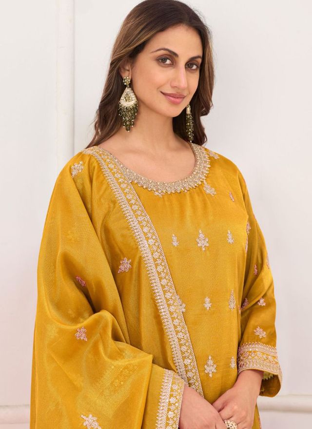 Dark-Yellow Embroidery Real Simar Silk Salwar suit