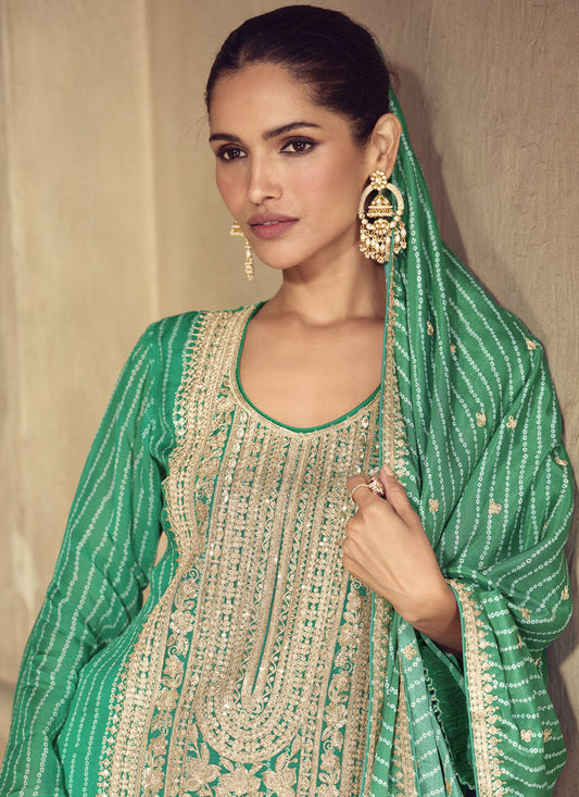 Bottle Green Chinon Silk Embroidered Designer Sharara Suit