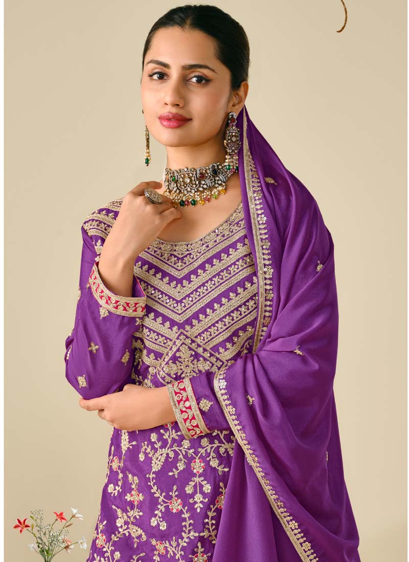 Violet Premium Chinon Embroidered Palazzo Suit
