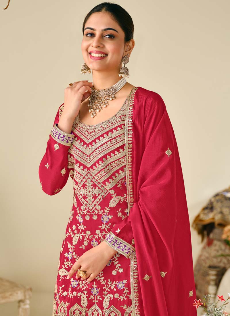 Red Premium Chinon Embroidered Palazzo Suit