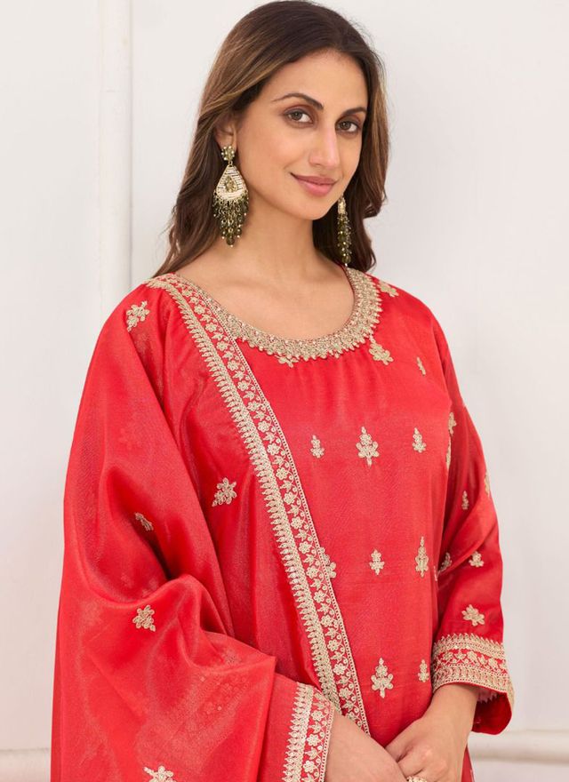 Red Embroidery Real Simar Silk Salwar suit
