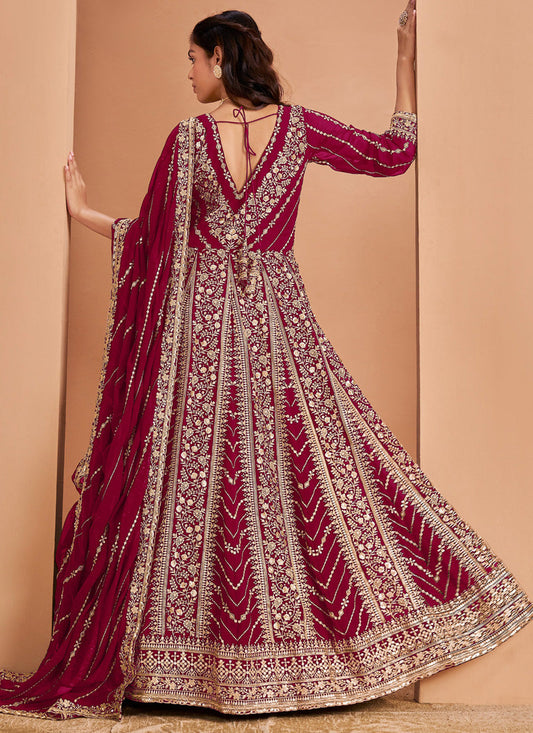 Maroon Faux Georgette Embroidered Anarkali Suit