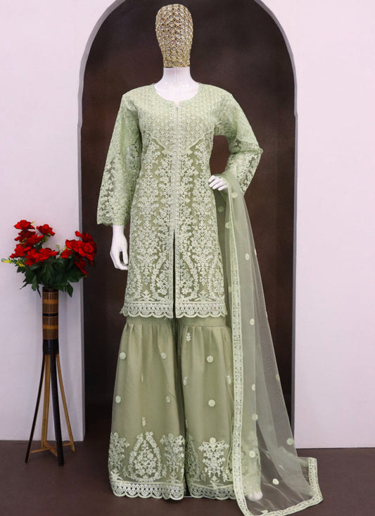 Lime Green Net Embroidered Sequence Designer Palazzo Suit