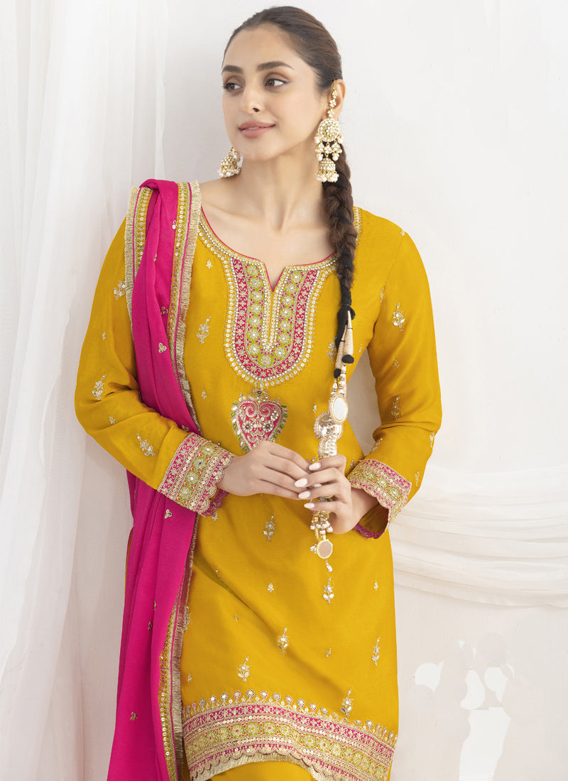 Yellow Chinon Silk Embroidered Designer Salwar Suit