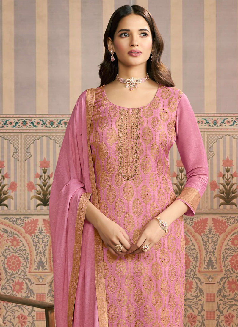 Light Pink Jacquard Silk Handwork Designer Salwar Suit