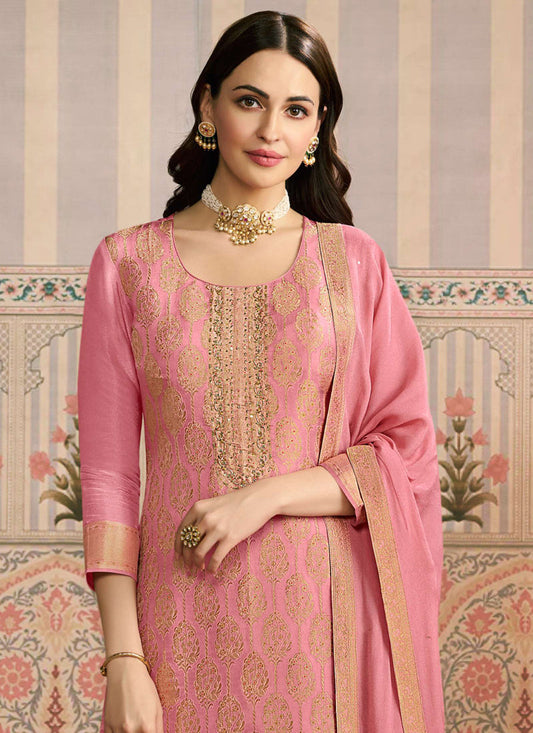 Pink Jacquard Silk Handwork Designer Salwar Suit