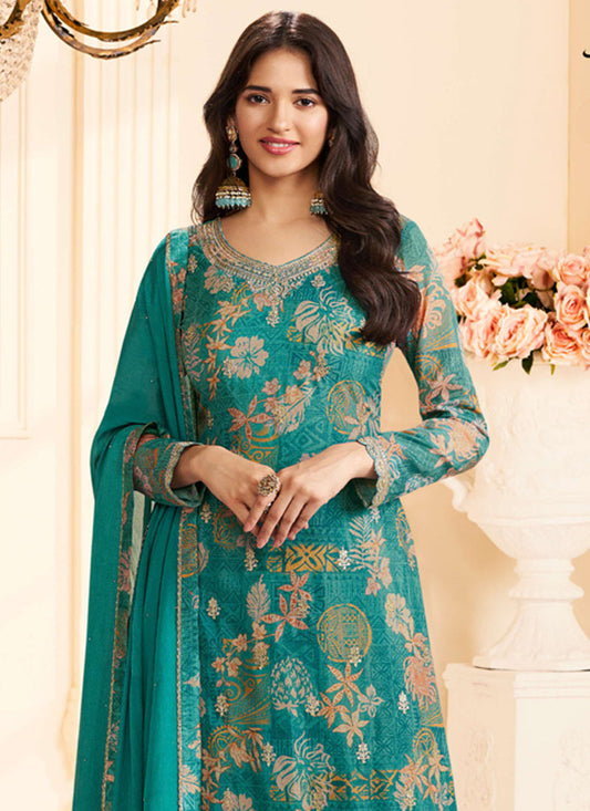 Turquoise Chinon Silk Embroidered Digital Print Designer Salwar Suit