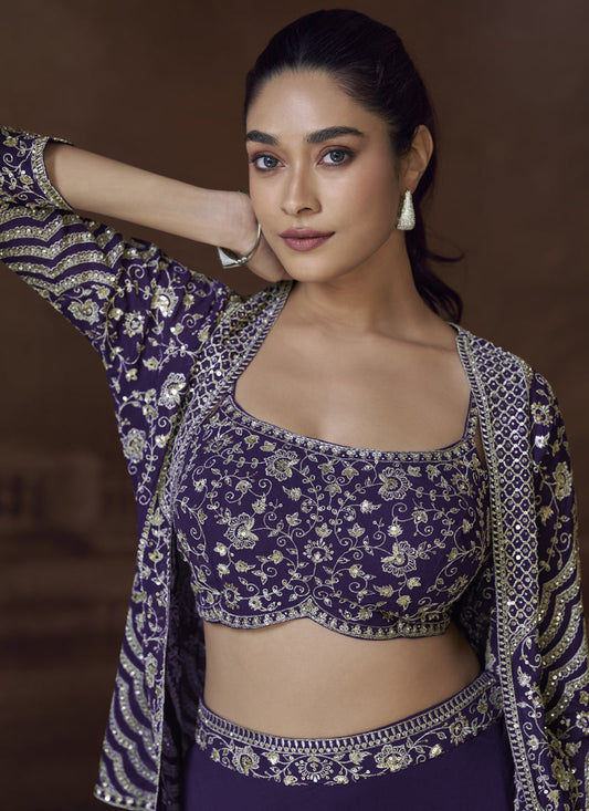 Violet Real Chinon Silk Embroidered Jacket Style Palazzo Suit