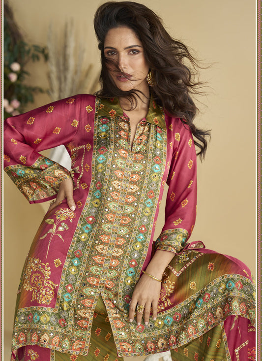 Pink Crepe Silk Embellished Mirror Work Designer Co-Ord Set
