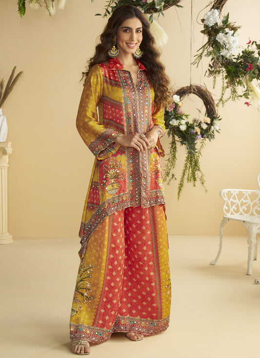 Yellow Crepe Silk Embellished Mirror Work Designer Co-Ord Set