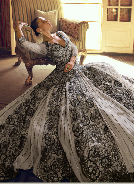 Light Grey Viscos Shimmer Jacquard Silk Embroidered Gown