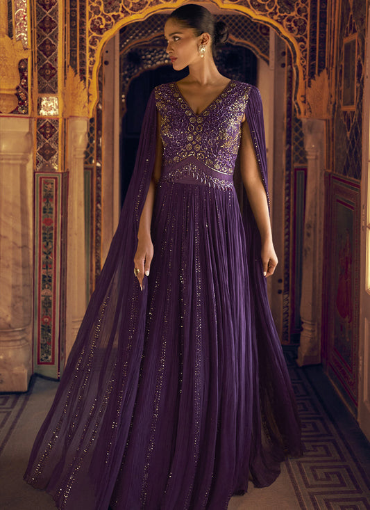 Violet Viscos Shimmer Jacquard Silk Embroidered Gown