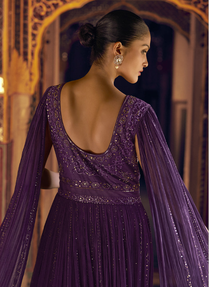 Violet Viscos Shimmer Jacquard Silk Embroidered Gown