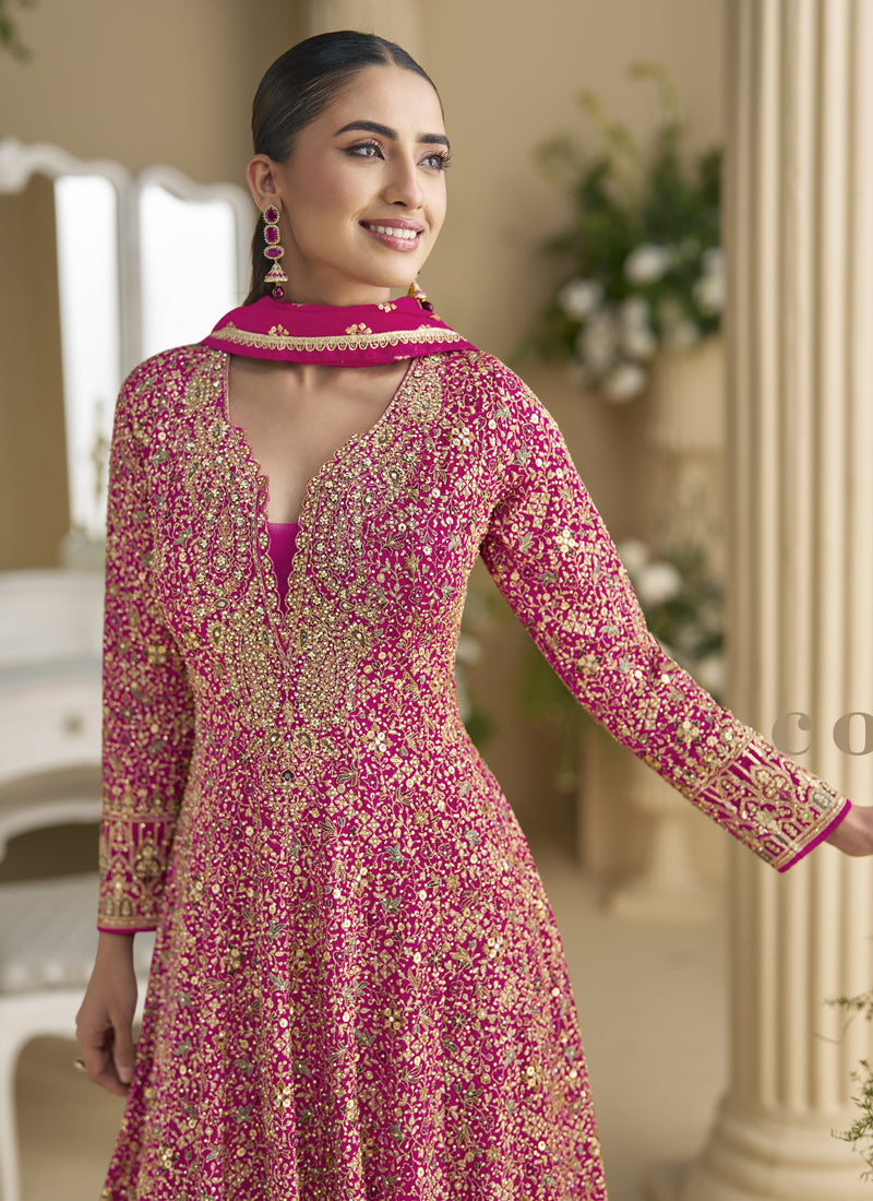 Pink Georgette Embroidered Seroski Zarkan Anarkali Suit