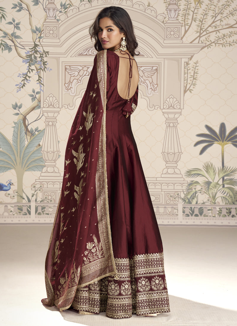 Maroon Viscos Jacquard Silk Embroidered Gown With Viscos Dupatta