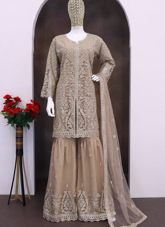 Beige Net Embroidered Sequence Designer Palazzo Suit