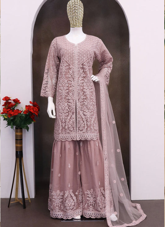 Onion Pink Net Embroidered Sequence Designer Palazzo Suit