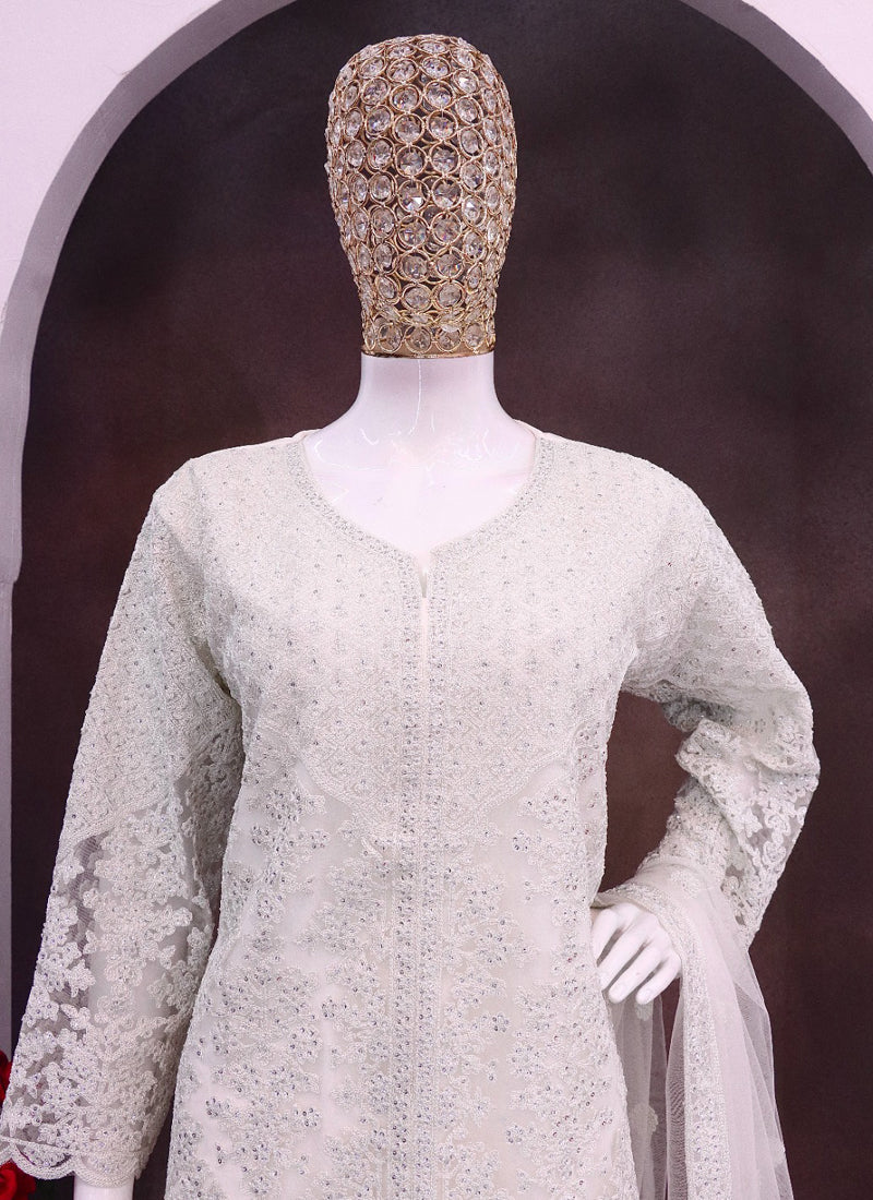 Off White Net Embroidered Sequence Designer Palazzo Suit