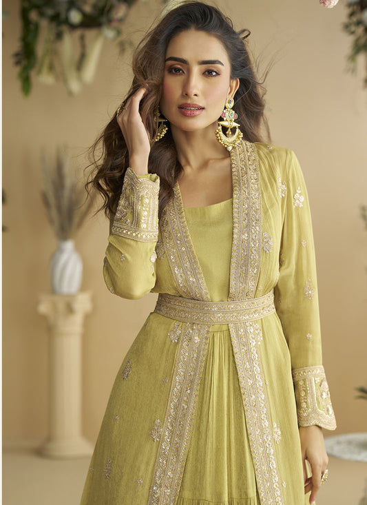 Lemon Yellow Chinon Silk Embroidered Designer Gown With Shrug