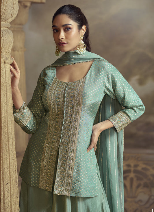 Sky Blue Viscose Shimmer Butti Embroidered Palazzo Suit
