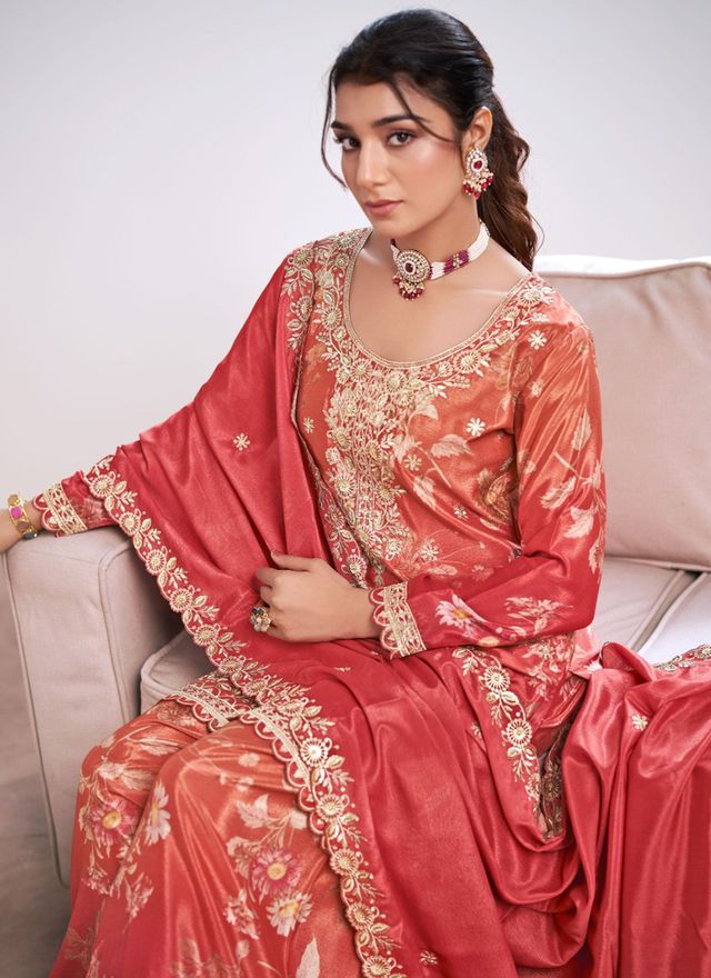 Red Embroidery Chinon Silk Salwar Suit