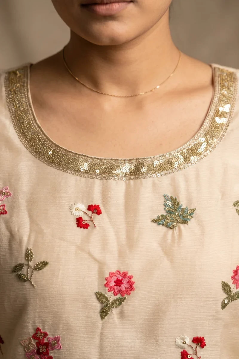 Cream Chinon Thread Embroidered Palazzo Suit
