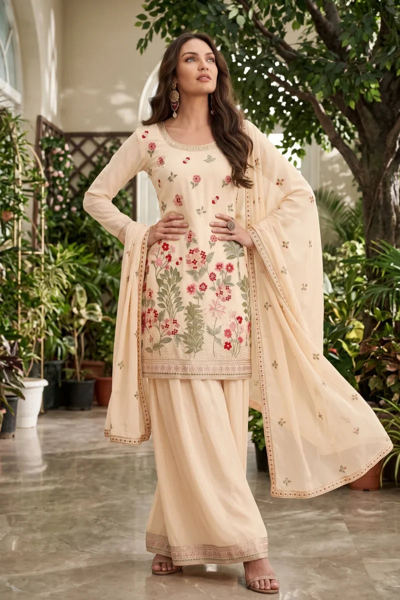Cream Chinon Thread Embroidered Palazzo Suit