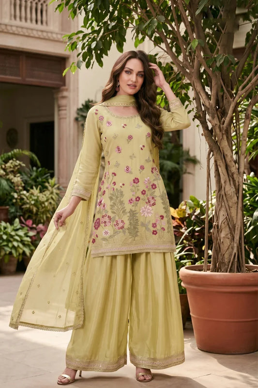 Lemon Greeb Chinon Thread Embroidered Palazzo Suit