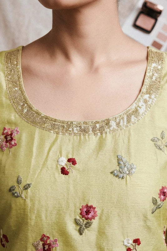 Lemon Green Chinon Thread Embroidered Palazzo Suit