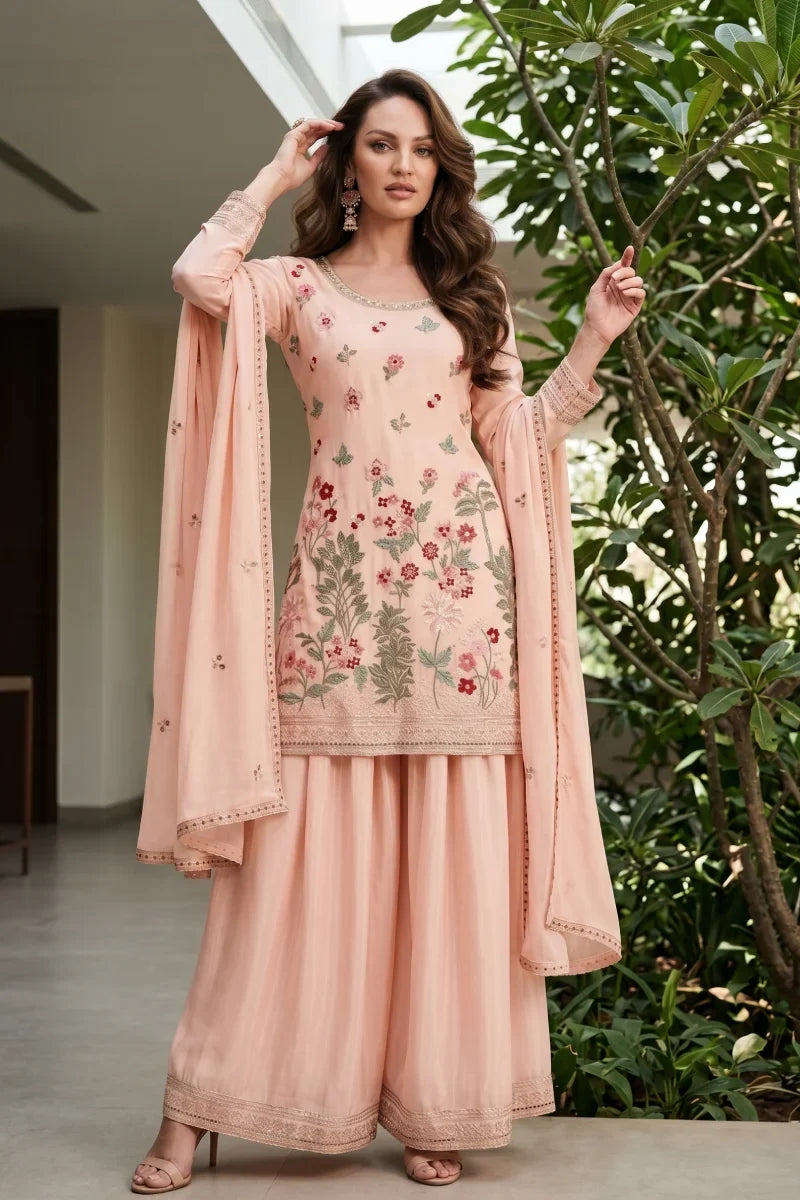 Peach Chinon Thread Embroidered Palazzo Suit