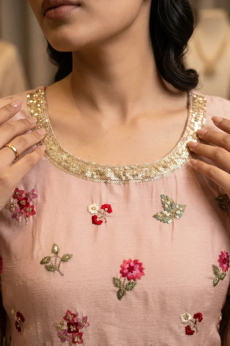 Peach Chinon Thread Embroidered Palazzo Suit