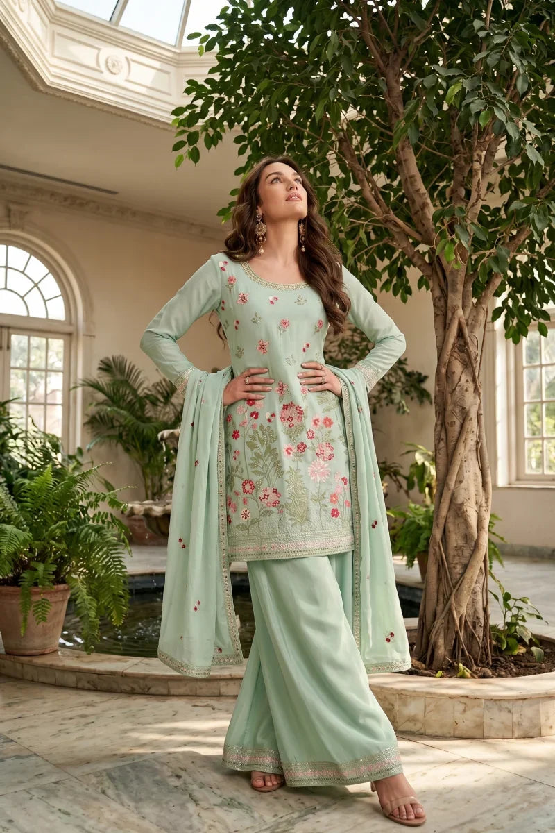Mint Green Chinon Thread Embroidered Palazzo Suit