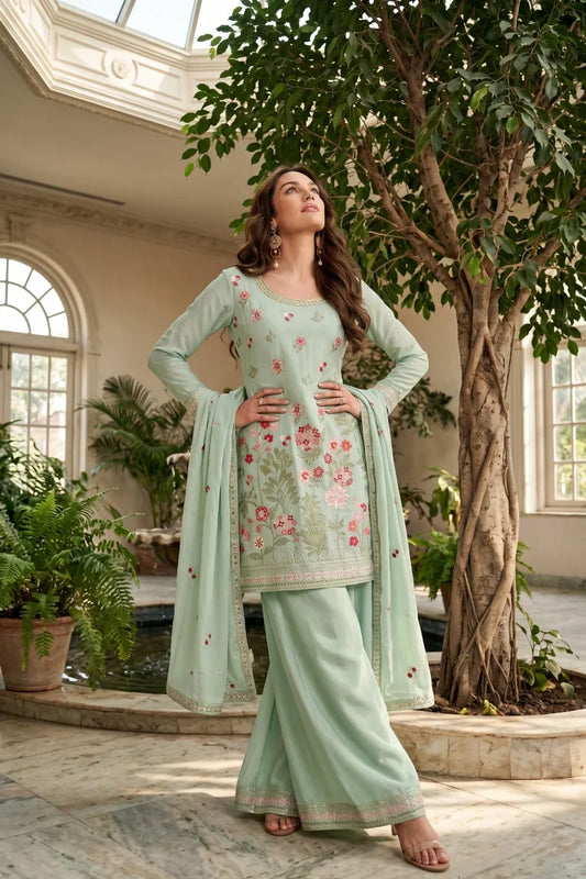 Mint Green Chinon Thread Embroidered Palazzo Suit