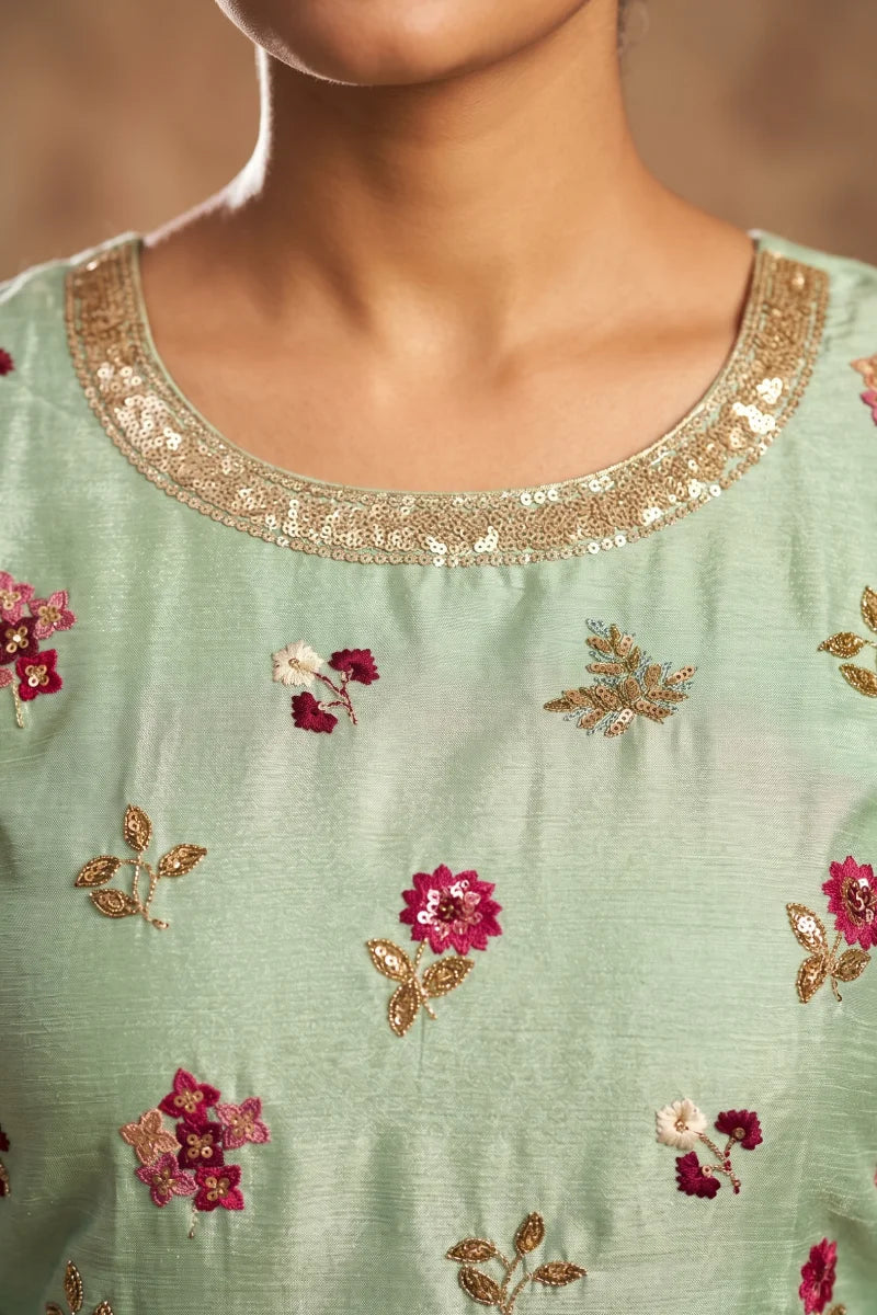 Mint Green Chinon Thread Embroidered Palazzo Suit
