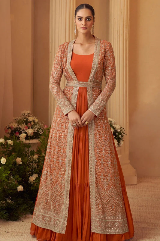 Orange Chinon Embroidered Gown with Shrug